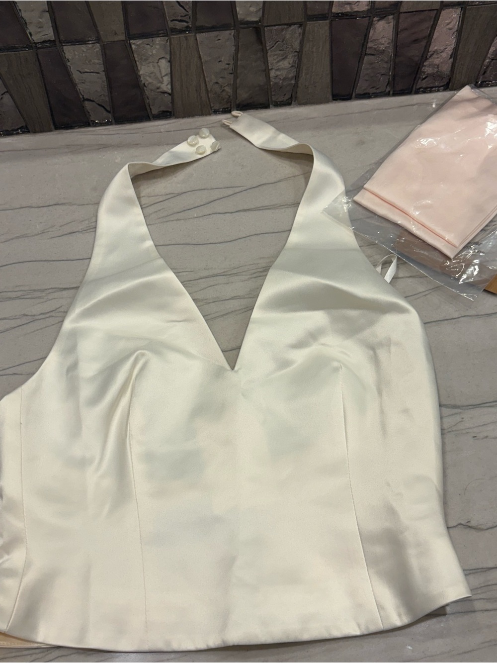 Few Moda Little White Looks Satn Halter V-Neck Top and skirt in Ivory
